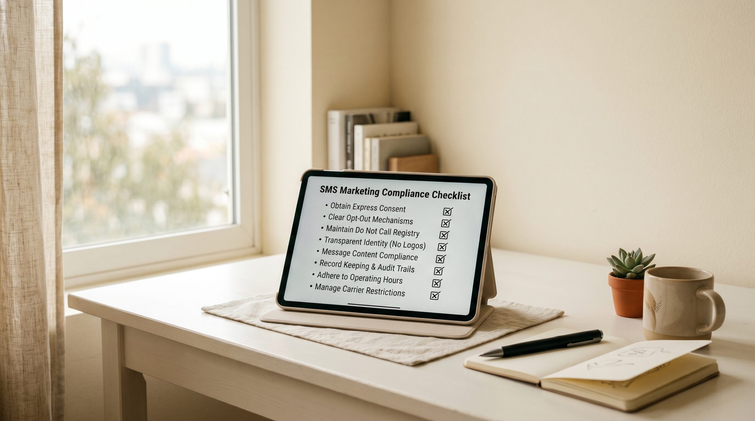SMS marketing compliance checklist tablet on clean desk with pen