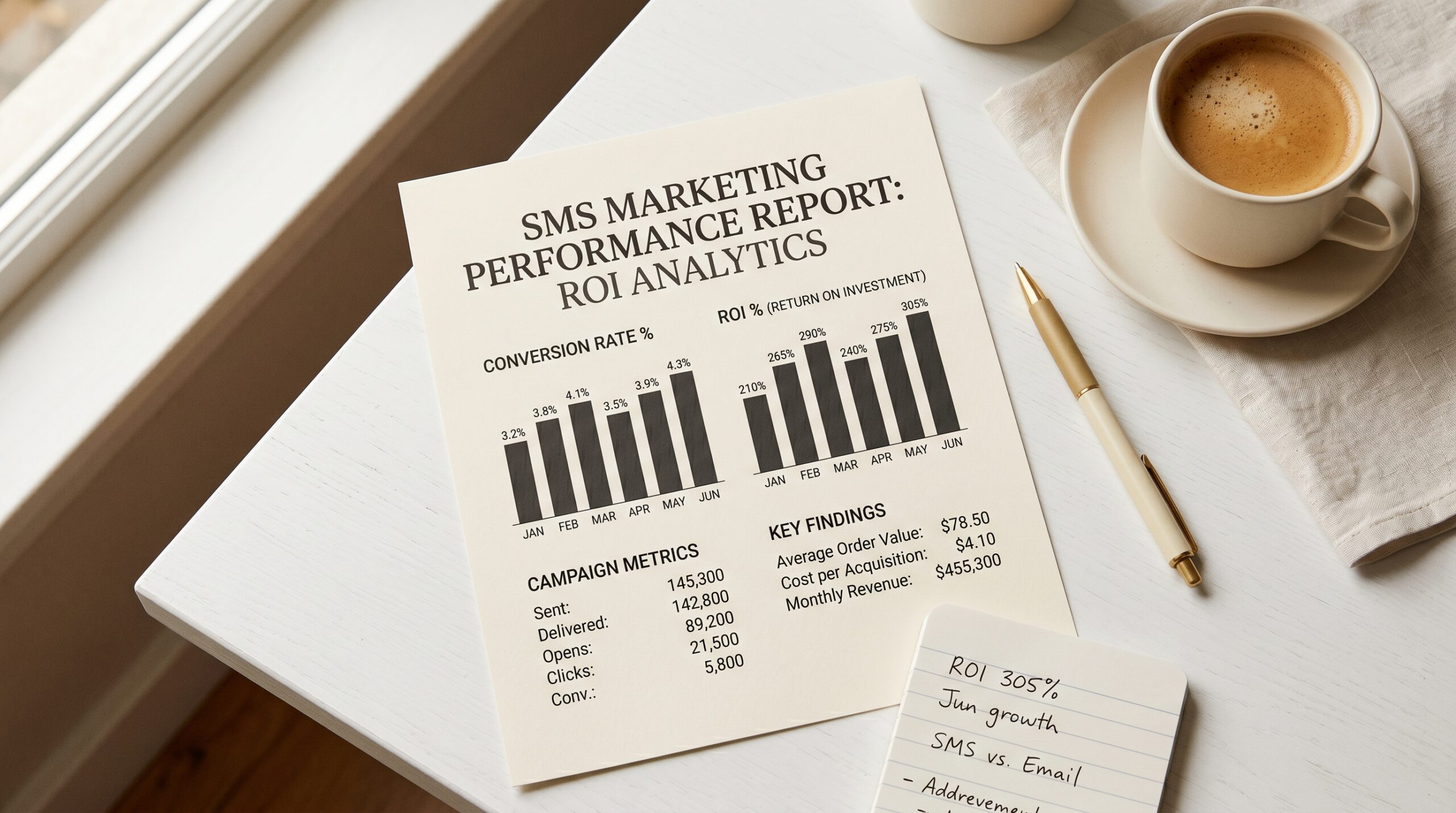 SMS marketing ROI analytics flat lay with bar charts and coffee cup