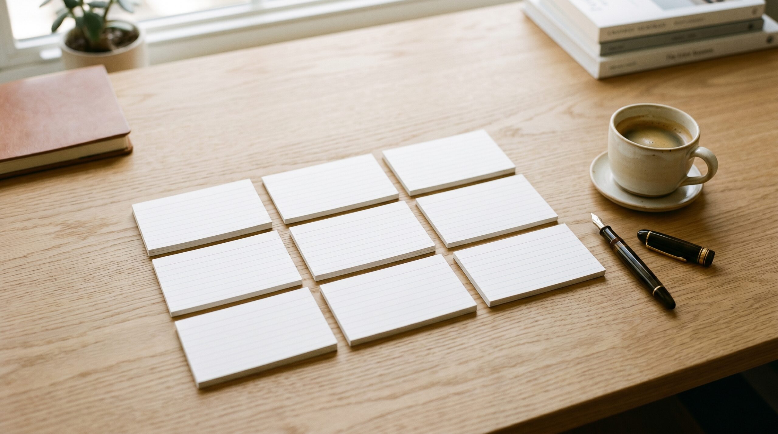 Comparing email marketing software platforms with index cards arranged on a desk like a comparison grid