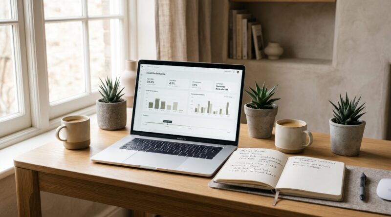Email marketing software dashboard showing campaign metrics on a clean editorial workspace