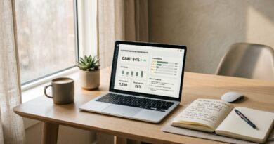 Customer satisfaction survey software dashboard on a clean editorial workspace
