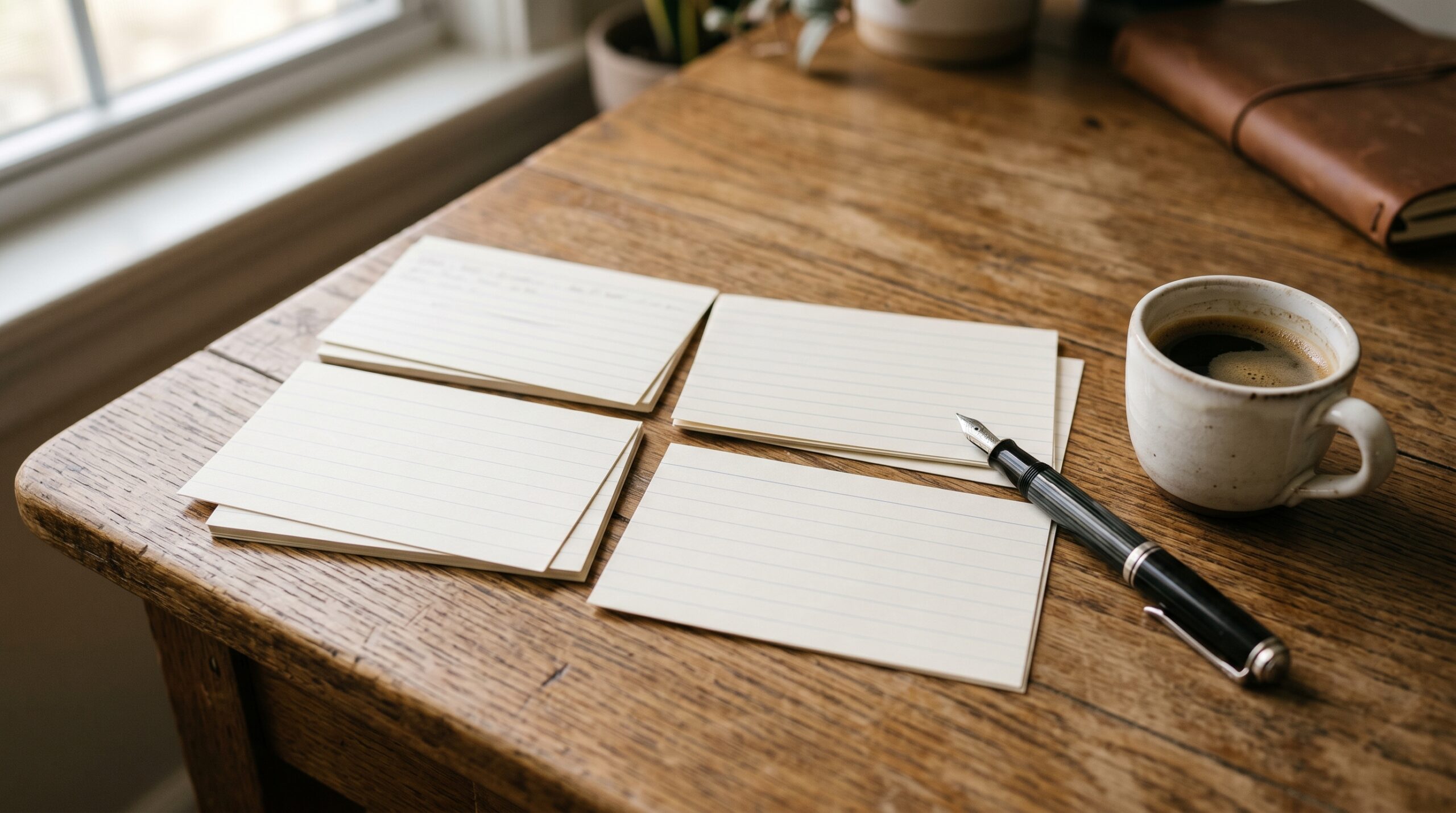 Comparing customer satisfaction survey software platforms with index cards arranged on a desk