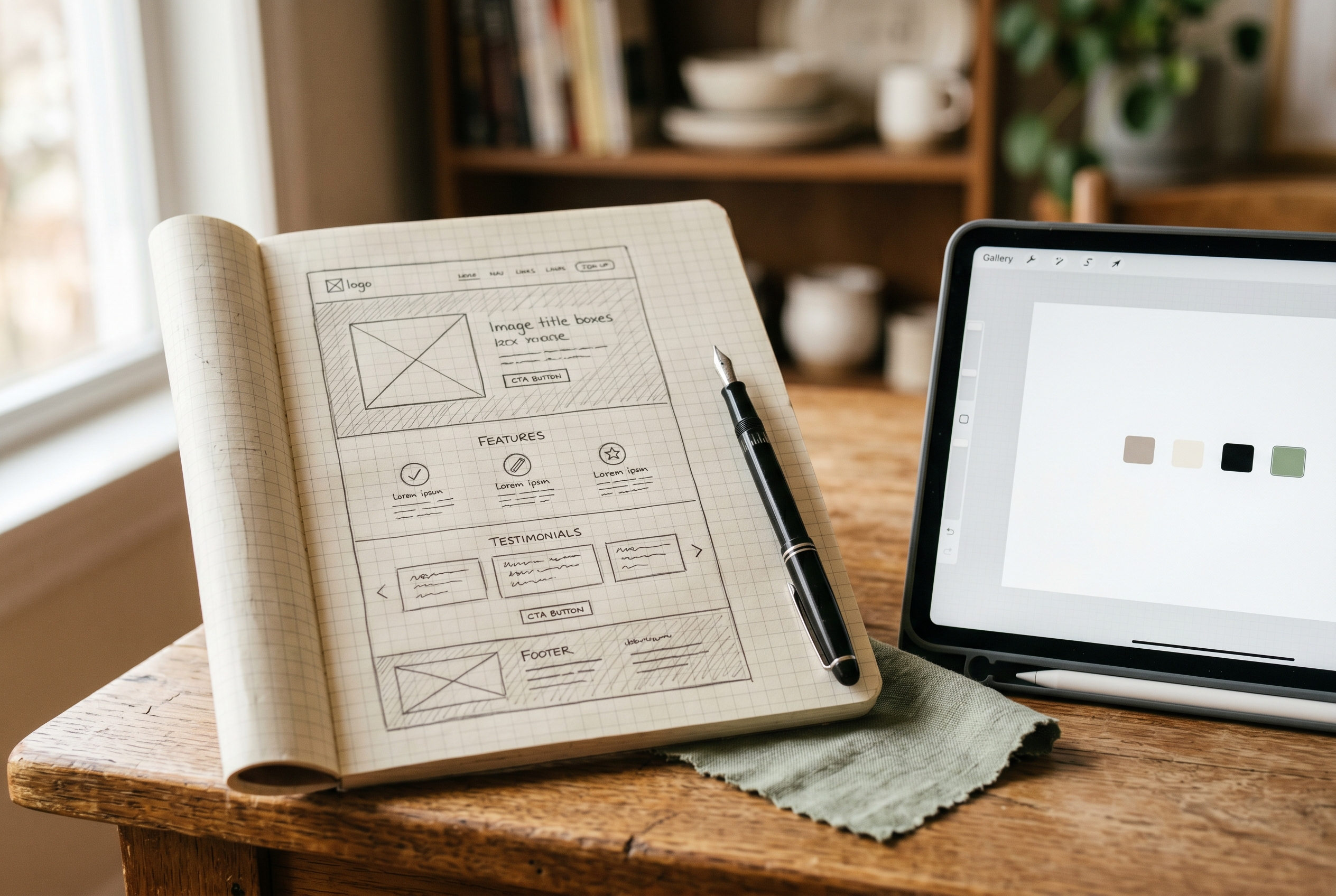 free website builder wireframe sketch on graph paper