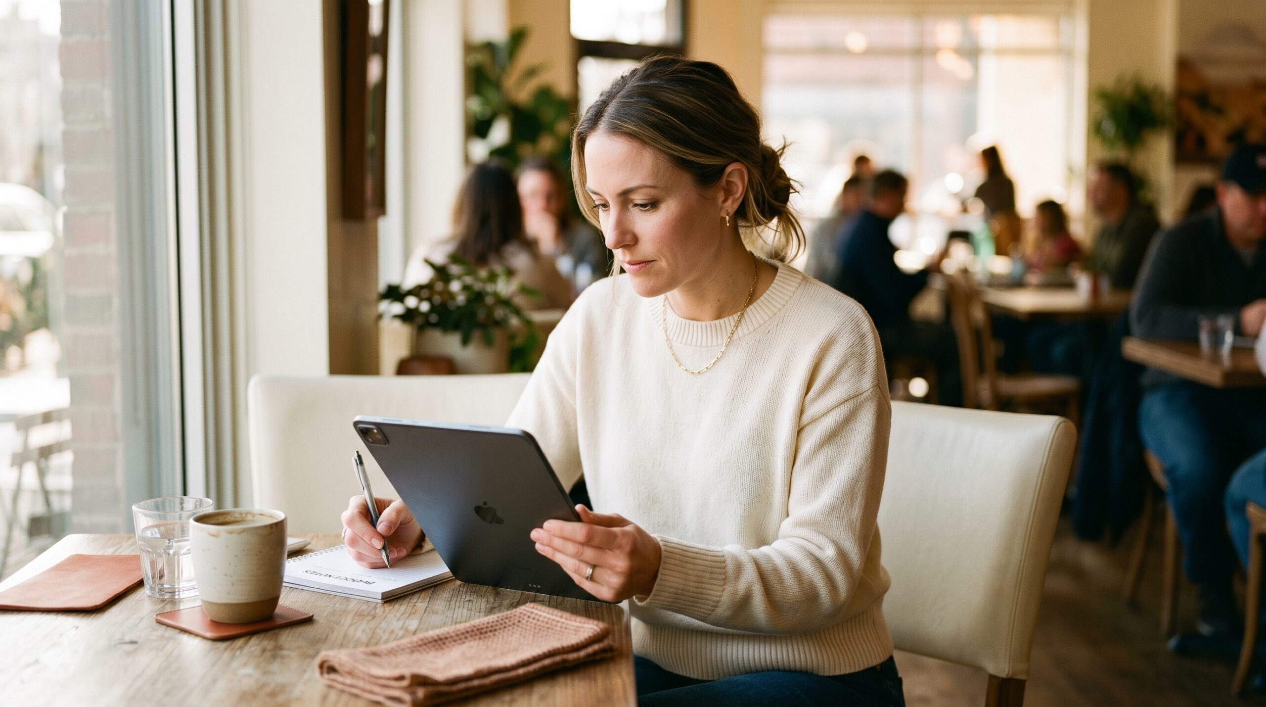 Business owner reviewing subscription costs and hidden fees on tablet