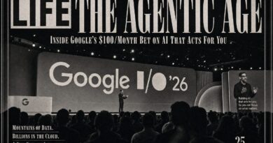 Vintage magazine cover style hero — Google I/O 2026 The Agentic Age