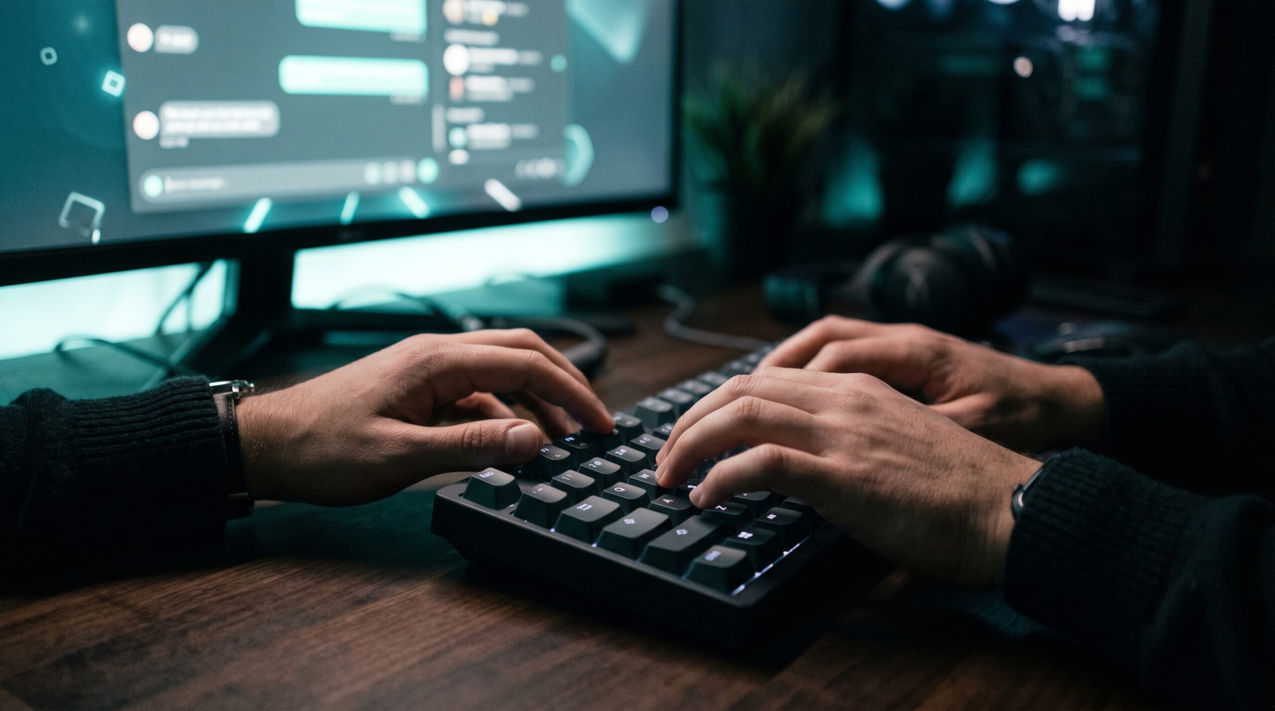 hands typing keyboard with AI chat interface glow