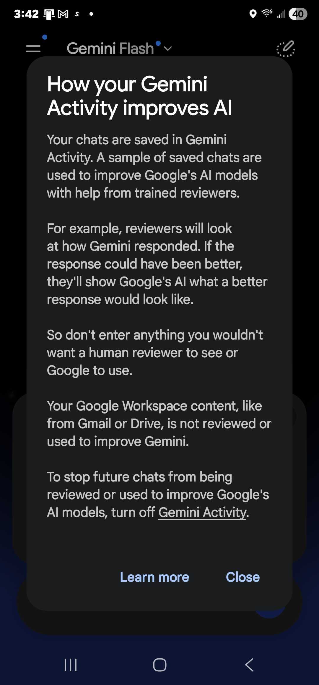 How your Gemini Activity improves AI dialog explaining trained reviewers see sampled saved chats