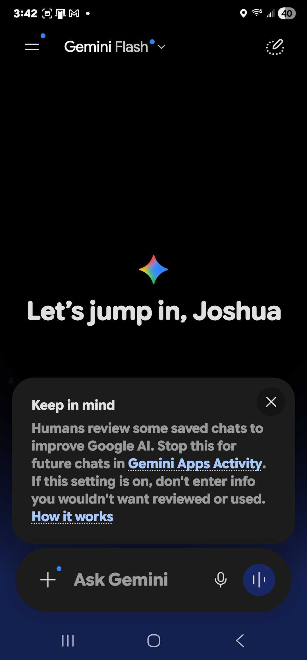 Gemini Flash welcome screen with personalized greeting and Keep in mind notice about human chat review