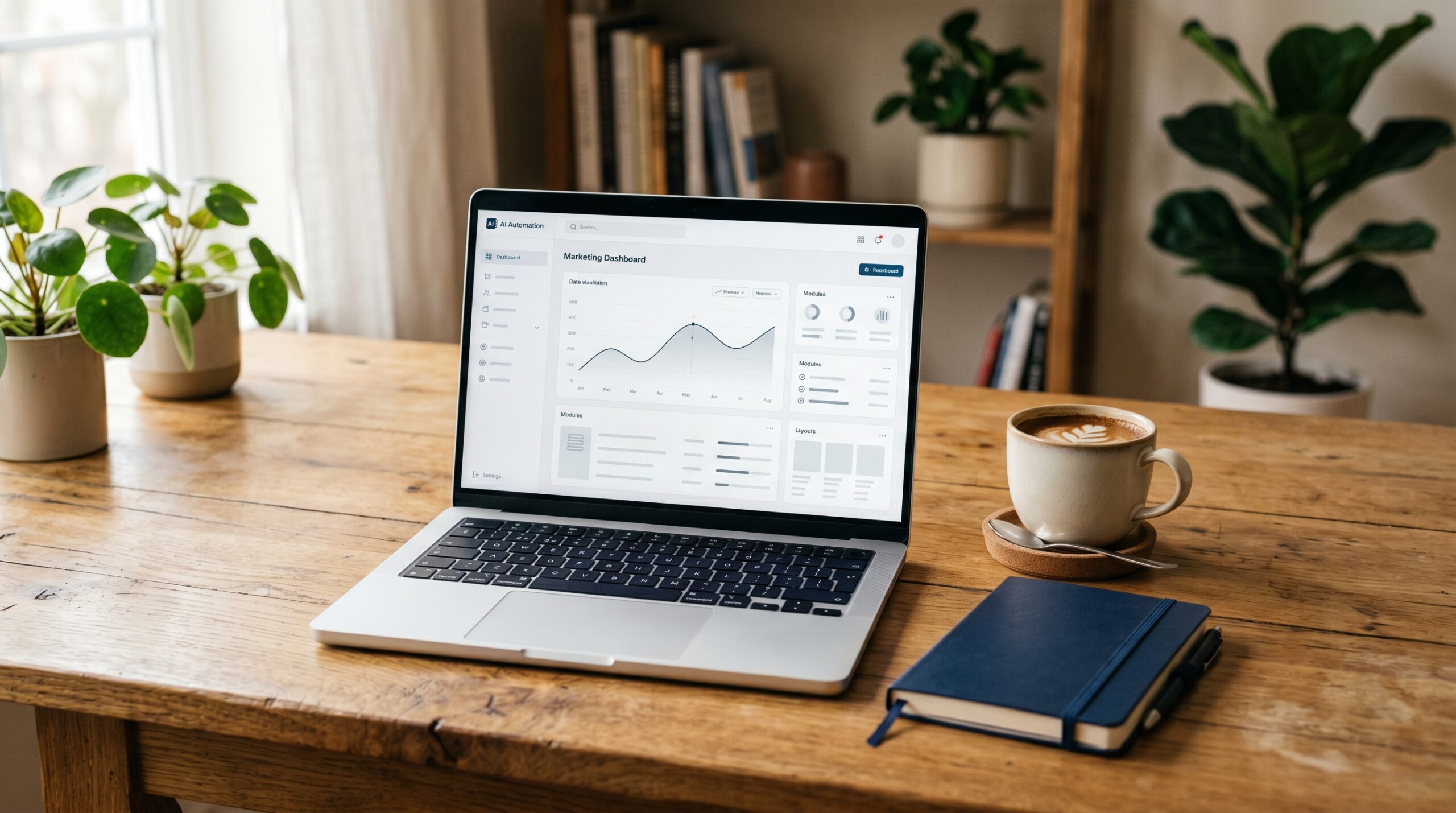 No-code AI marketing tools and automation on laptop workspace