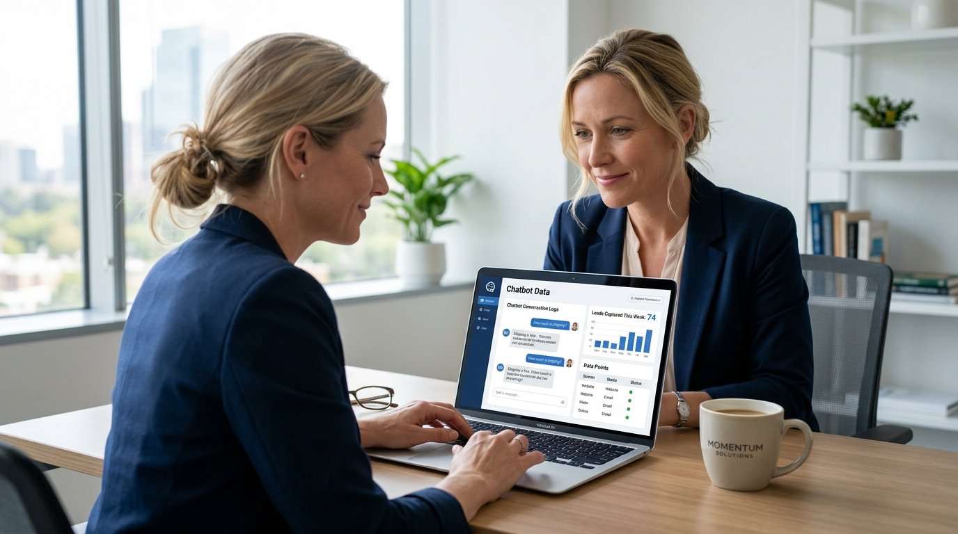 ai chat for website analytics review - small business owner reviewing chatbot conversation data and lead capture metrics on laptop