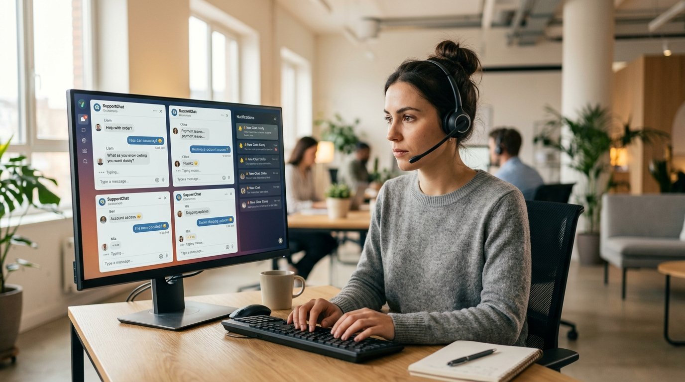 ai chat for website customer service team managing live chat conversations on desktop computers in professional office