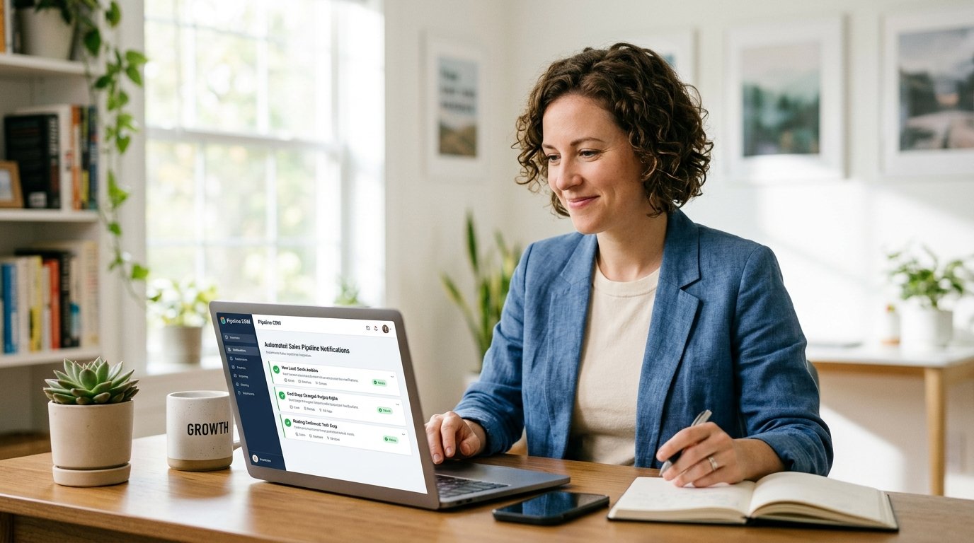ai models for business — small business owner reviewing AI sales pipeline automation on laptop