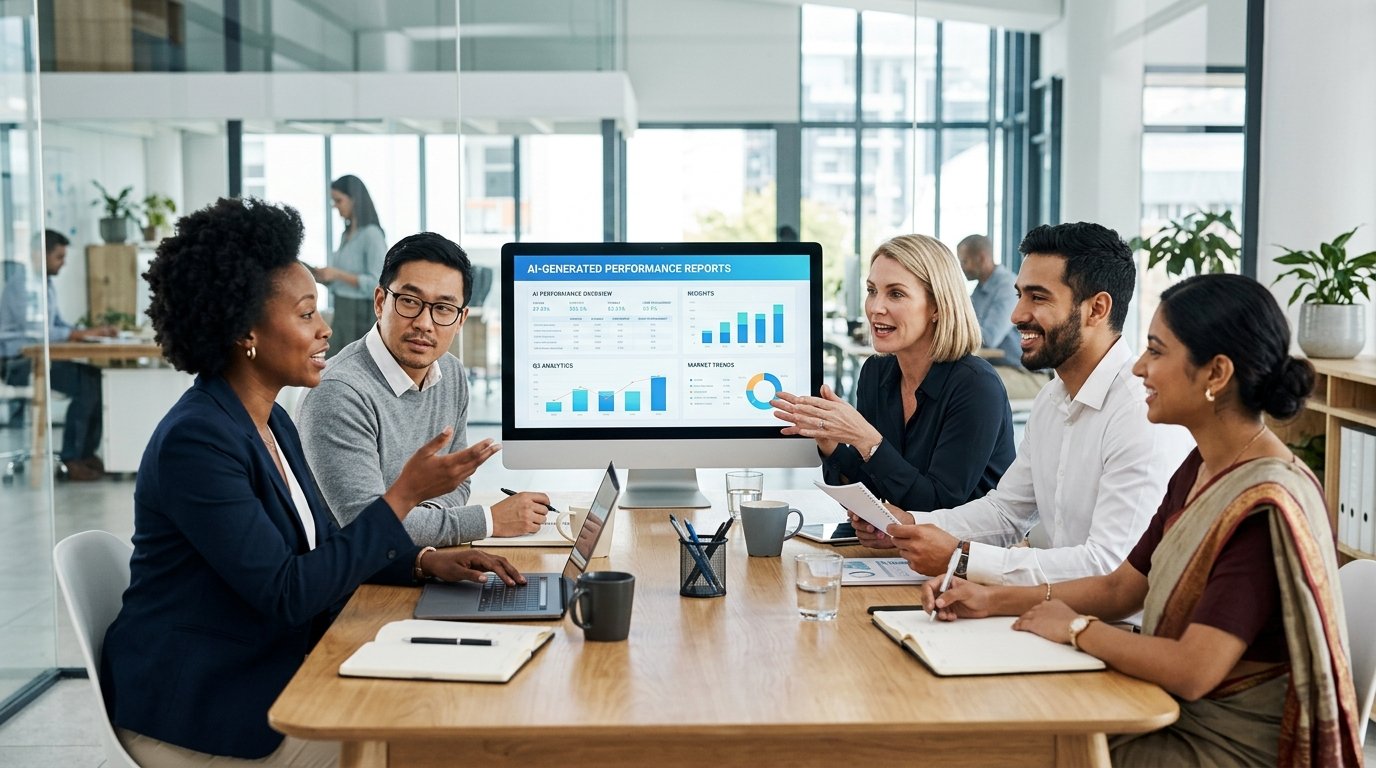 ai models for business — business team reviewing AI analytics and automation reports together