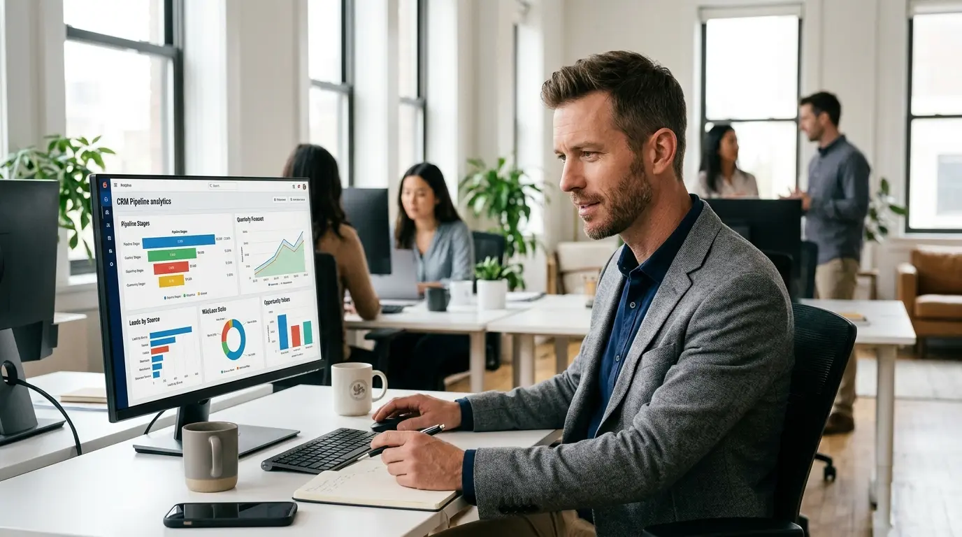 sales manager reviewing customer engagement platform CRM analytics on desktop monitor