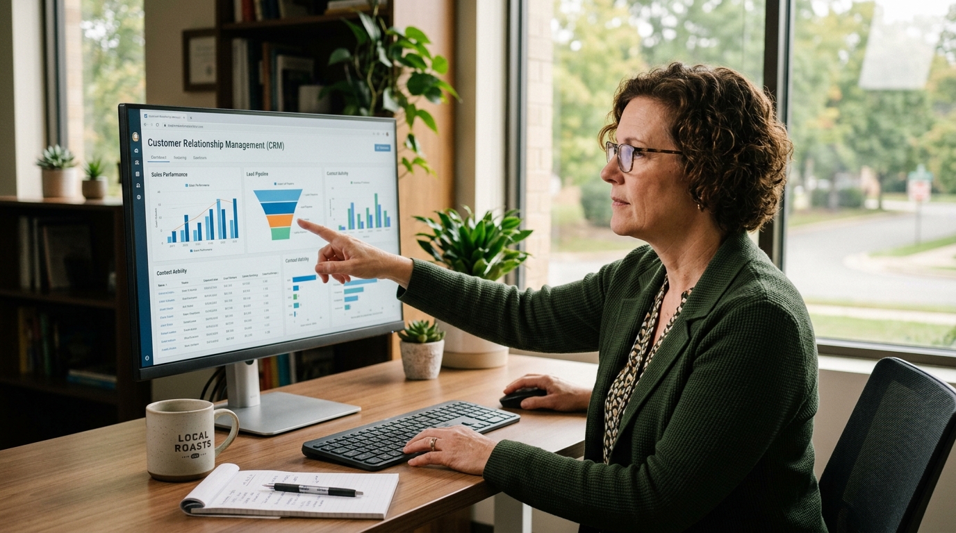B2B sales professional reviewing CRM sales data on a monitor at a modern office desk — Automated Sales Machine