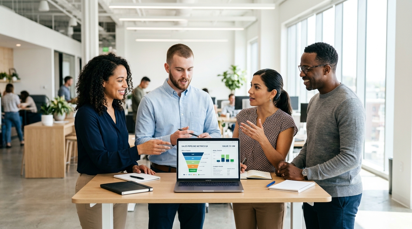 what is b2b sales — sales team reviewing pipeline metrics in a modern office, Automated Sales Machine