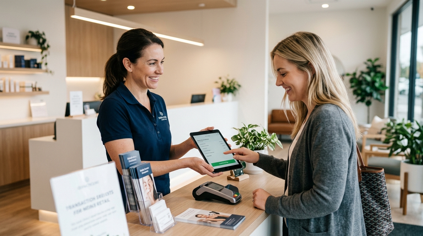 service business owner accepting online payment from customer via tablet