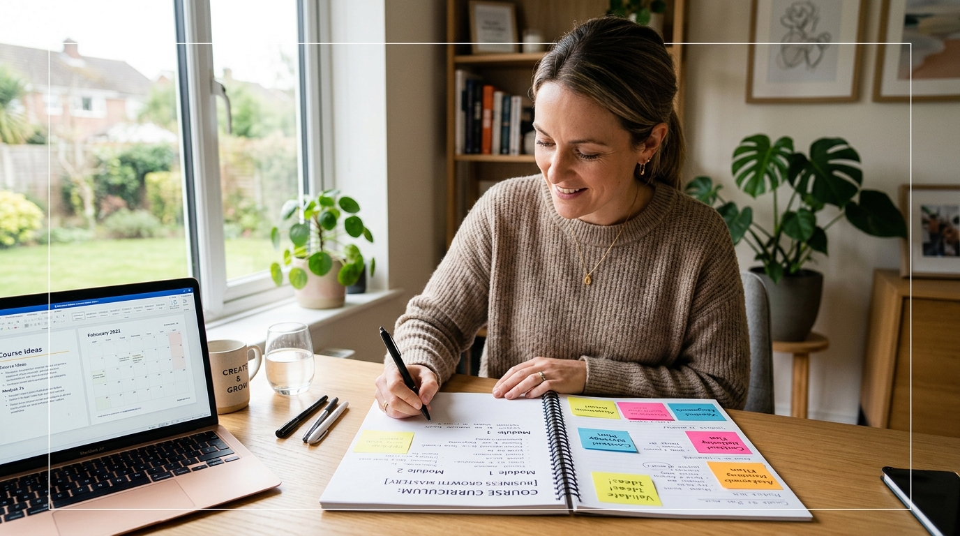 how to build an online course - entrepreneur planning curriculum outline at desk with notepad and laptop