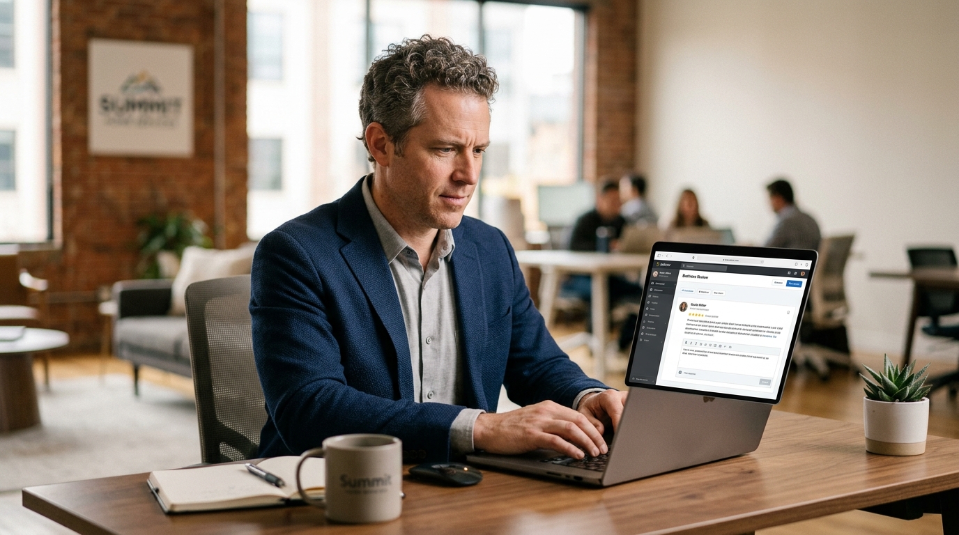 google reviews management — service business owner responding to customer reviews on laptop in professional workspace