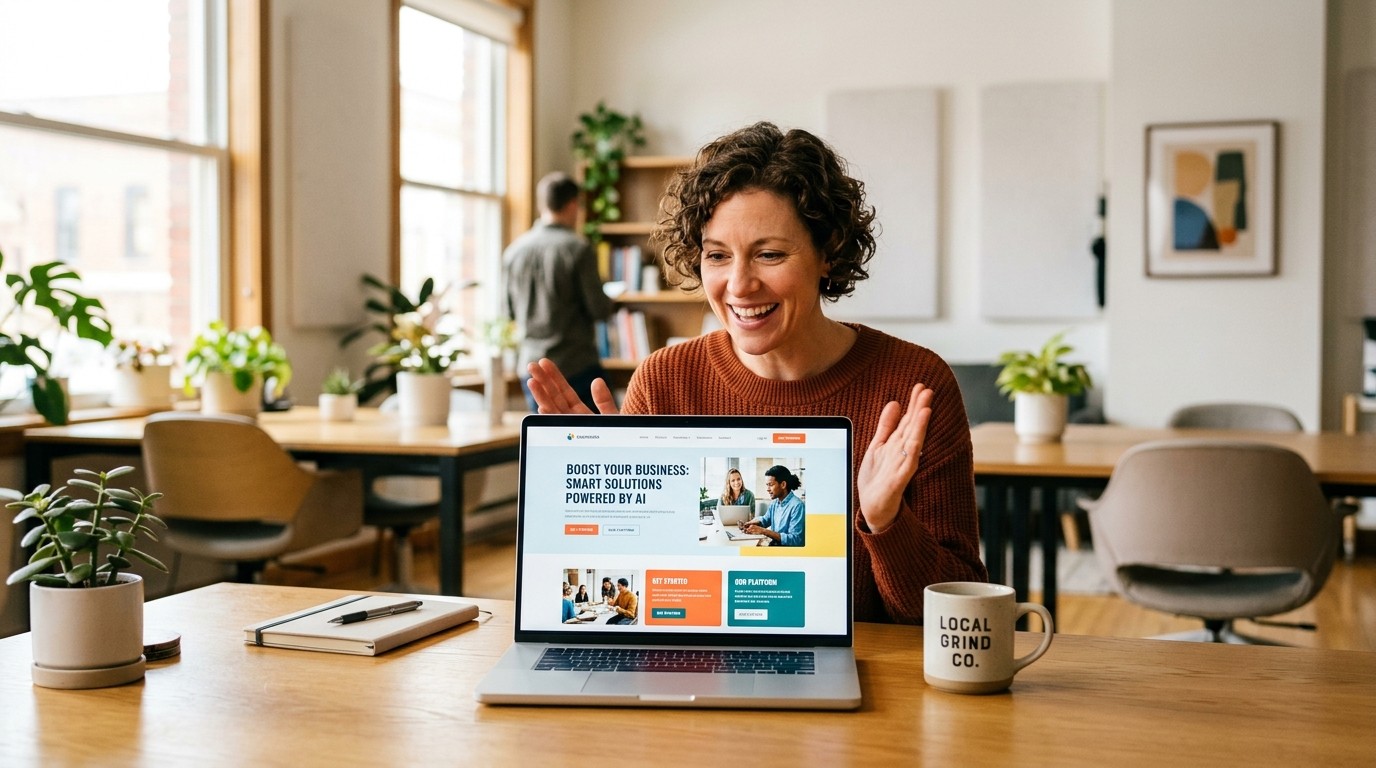 small business owner using ai in web development tools on laptop, reviewing AI-powered website results