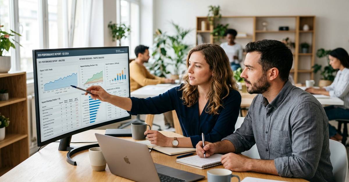 search engine optimization (SEO) keyword research team reviewing analytics data