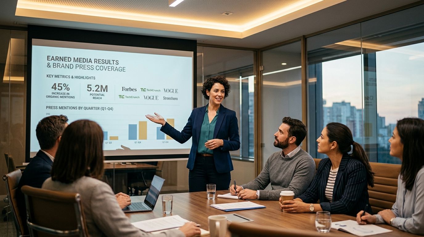What is earned media - marketing team presenting earned media results and press coverage in conference room