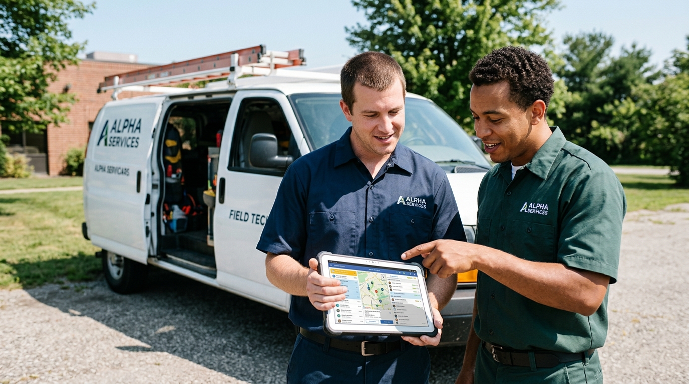 service software field technicians reviewing job scheduling on tablet