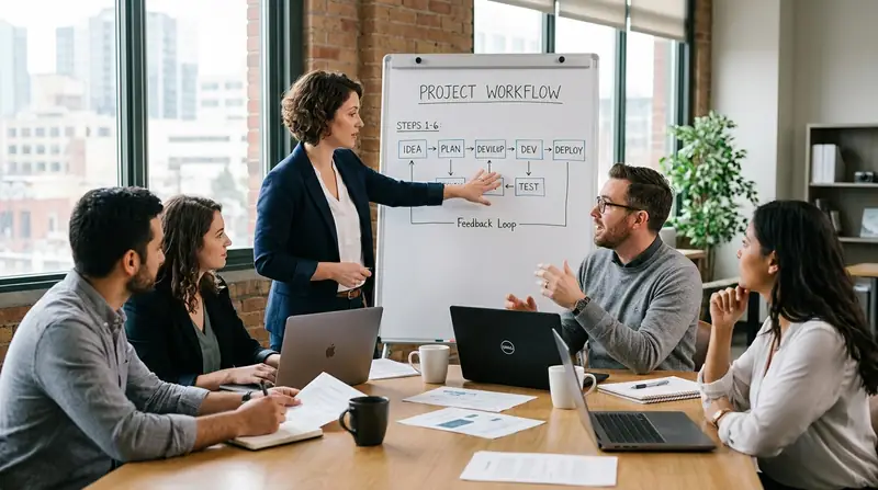 what is business analysis - team reviewing business process workflow diagram
