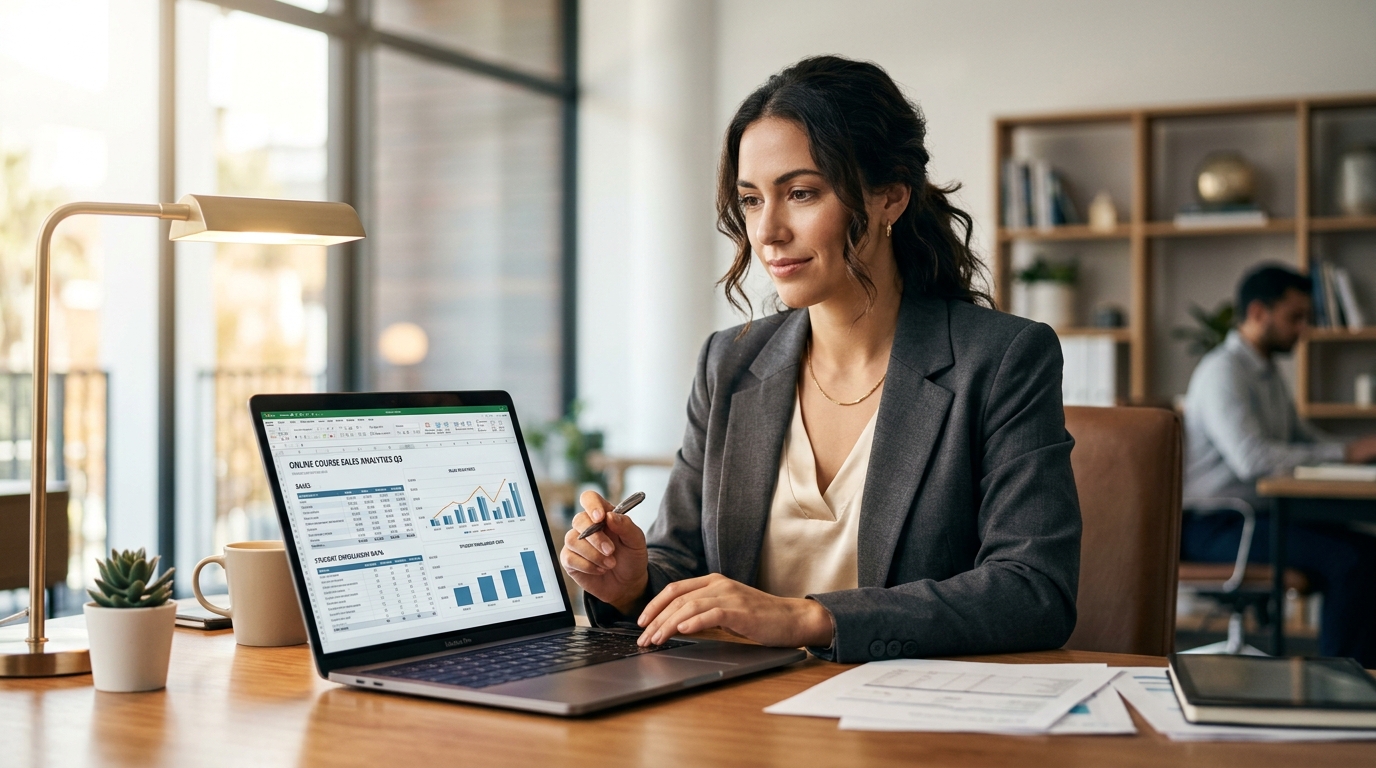 online course sales analytics dashboard reviewed by entrepreneur in modern office