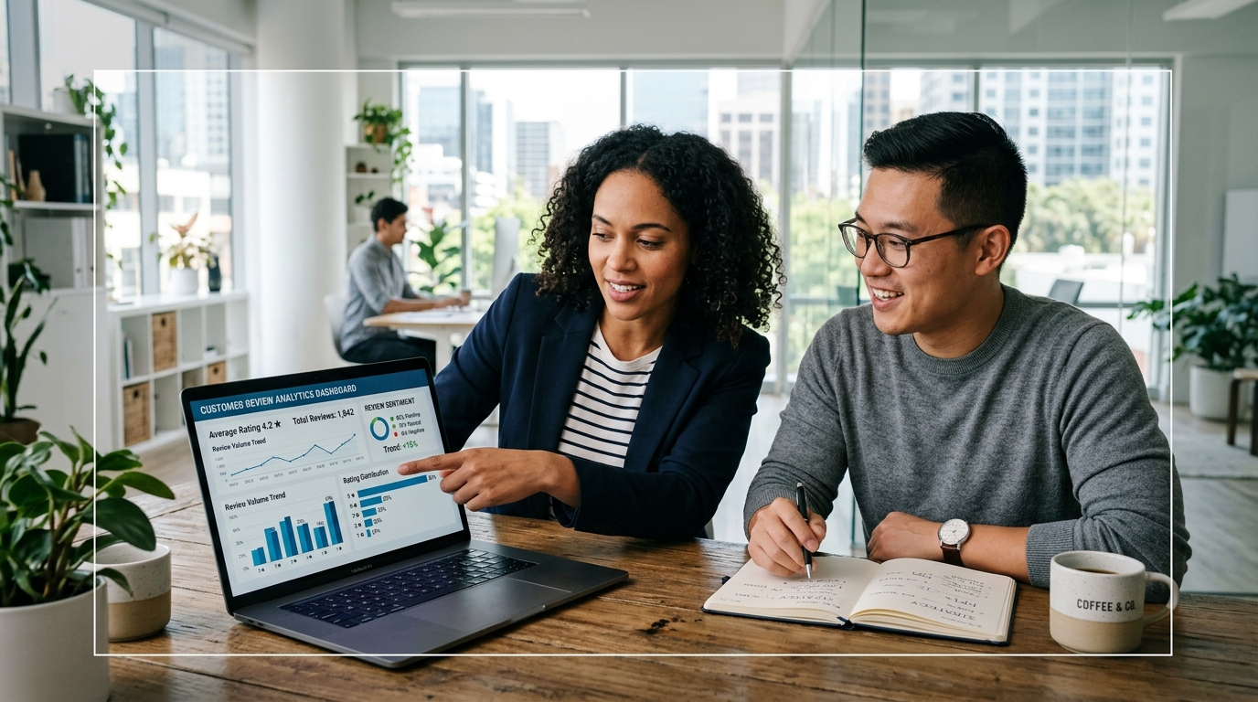 two business professionals reviewing google reviews management analytics and reporting on a laptop — collaborative review monitoring