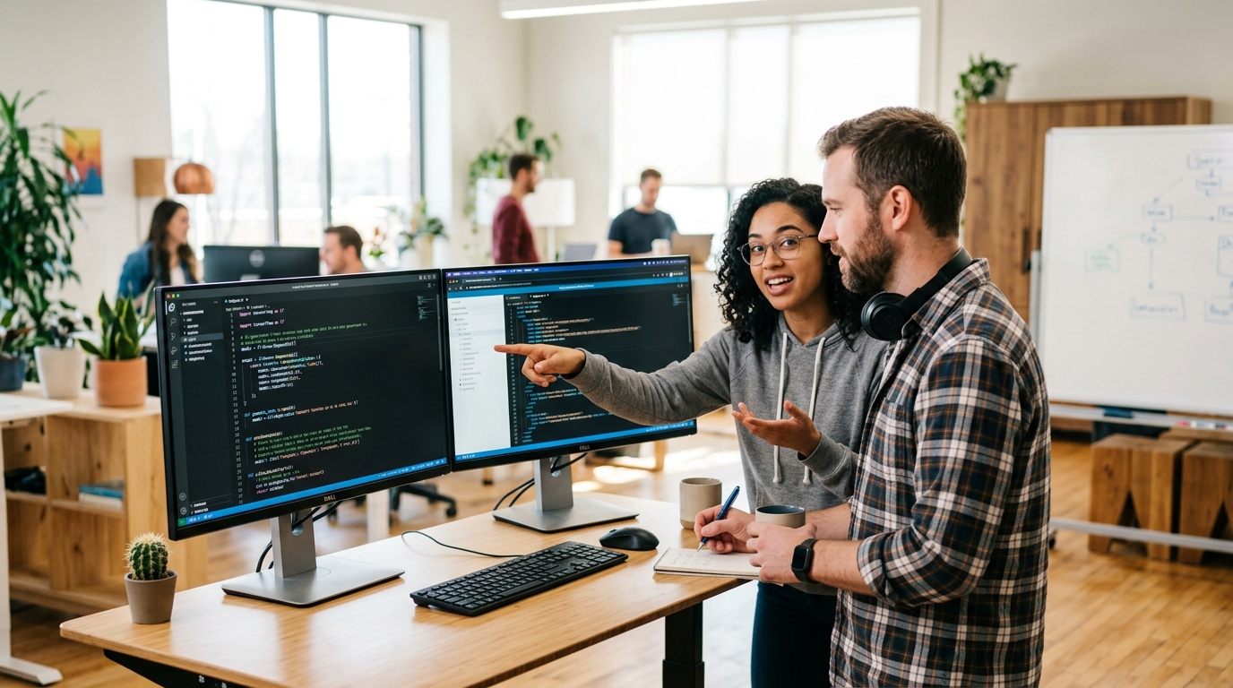 web developers collaborating on ai in web development project using dual monitors in modern office