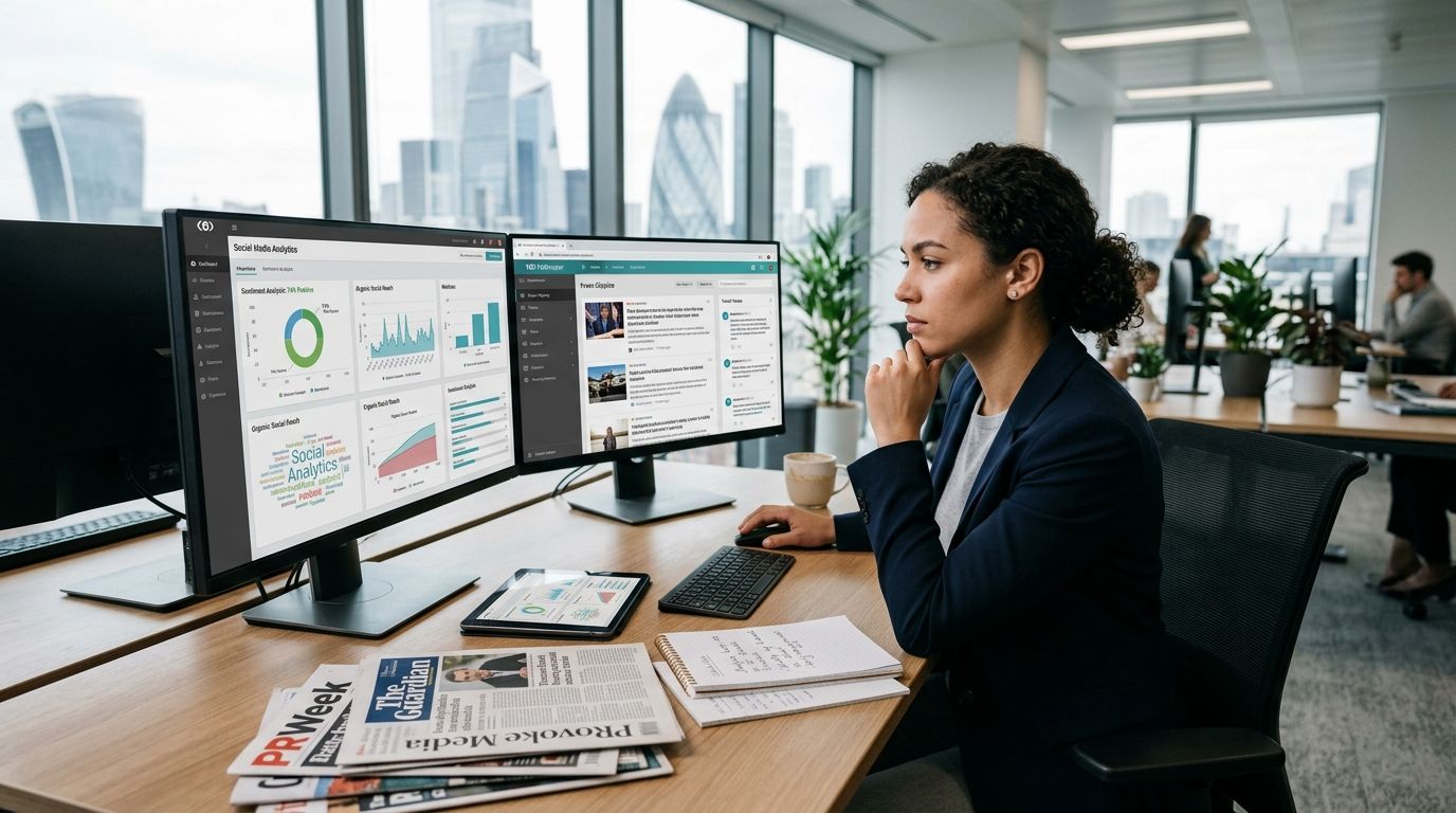What is earned media - PR professional analyzing organic social media mentions and press coverage on desktop computer