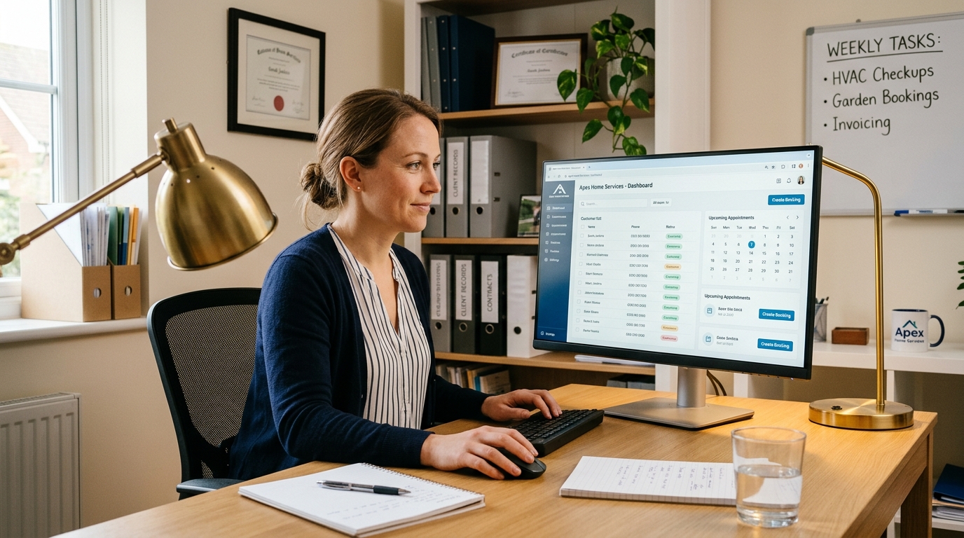 service software small business owner reviewing customer management dashboard