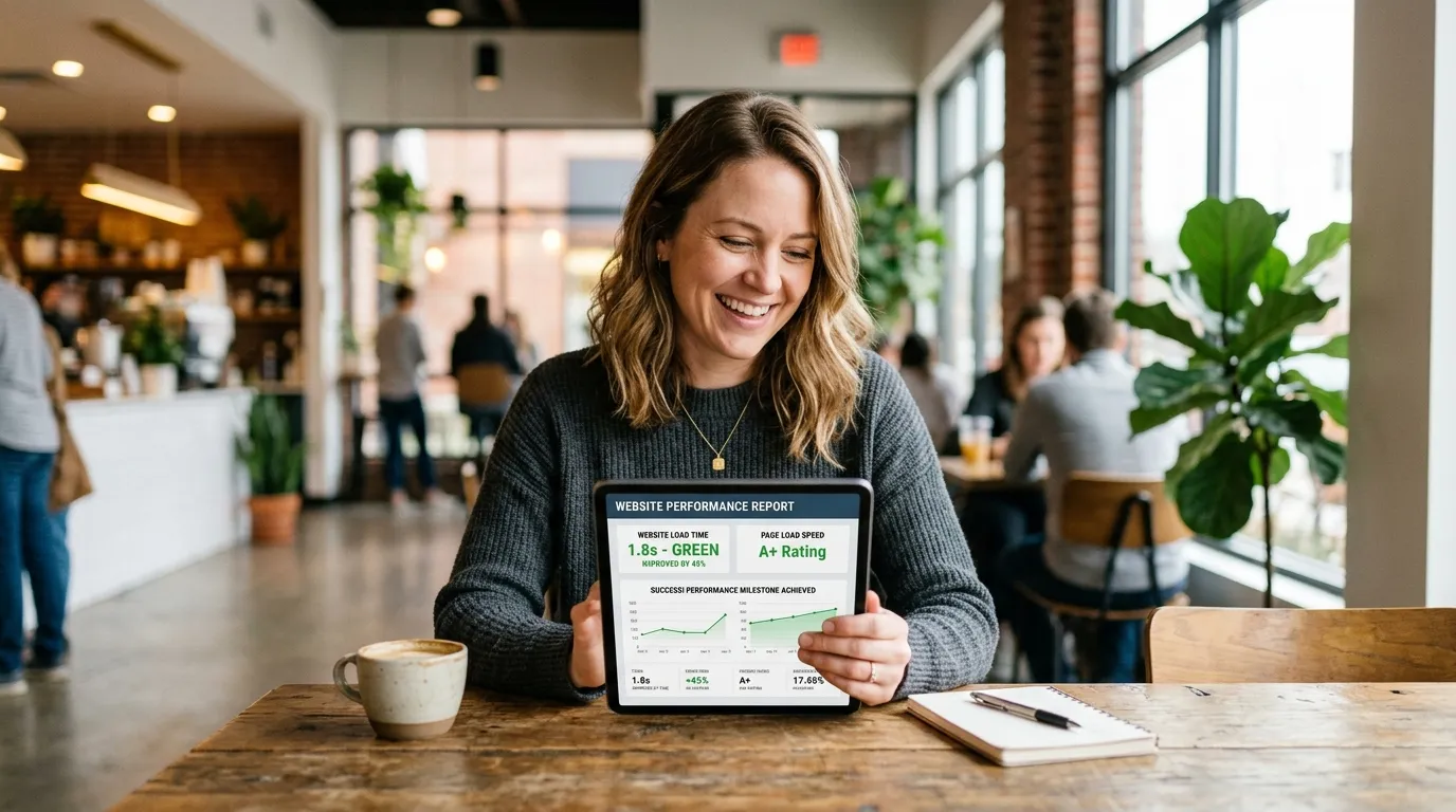 website speed optimization results for small business owner showing improved load times and higher conversion rates