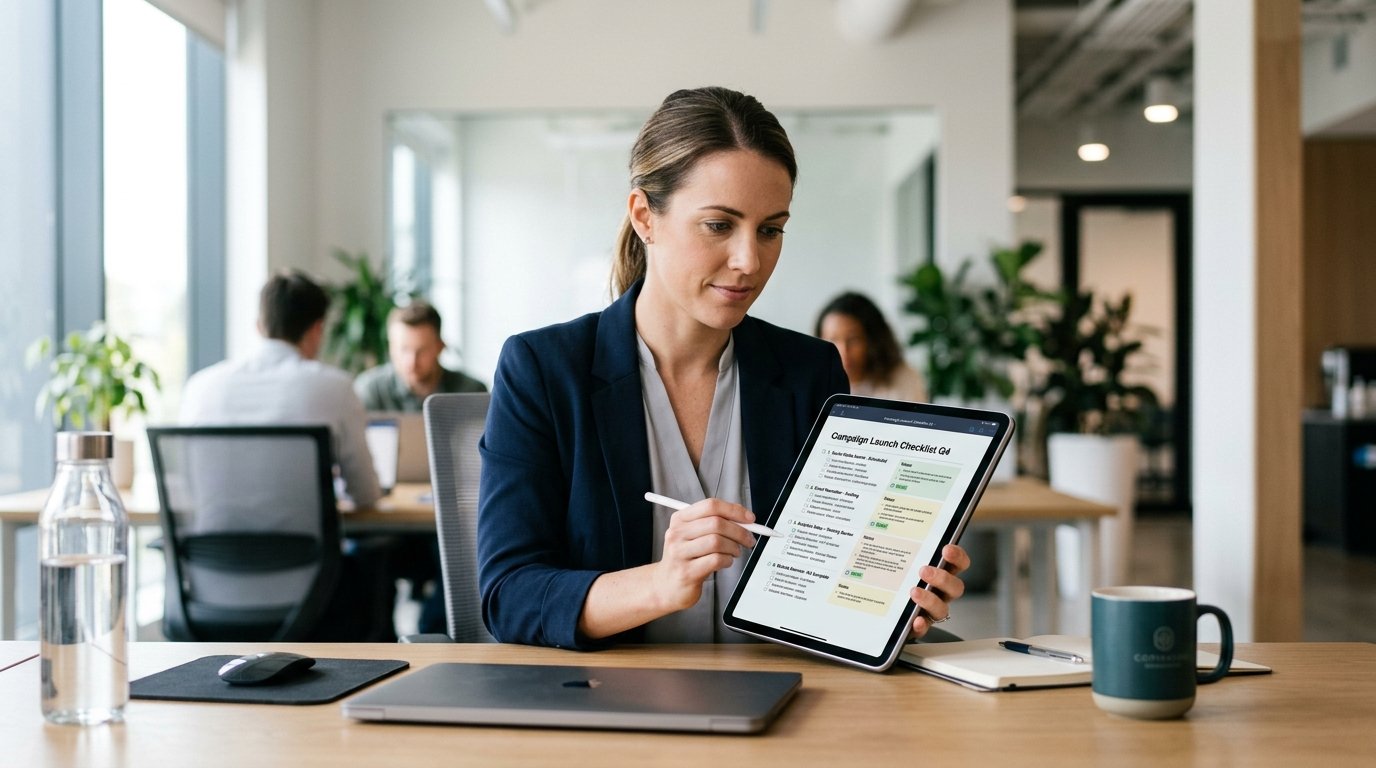 website audit checklist — marketing professional reviewing audit findings on tablet in modern office
