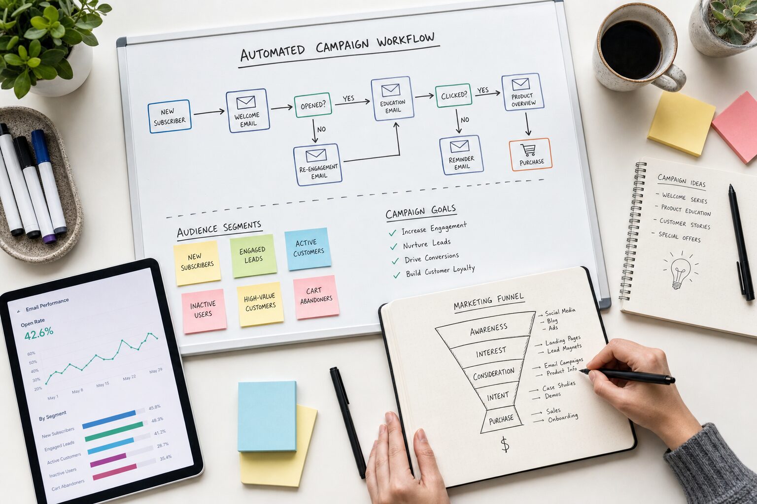 Marketing campaign strategy planning session with automated workflow diagrams and audience segmentation