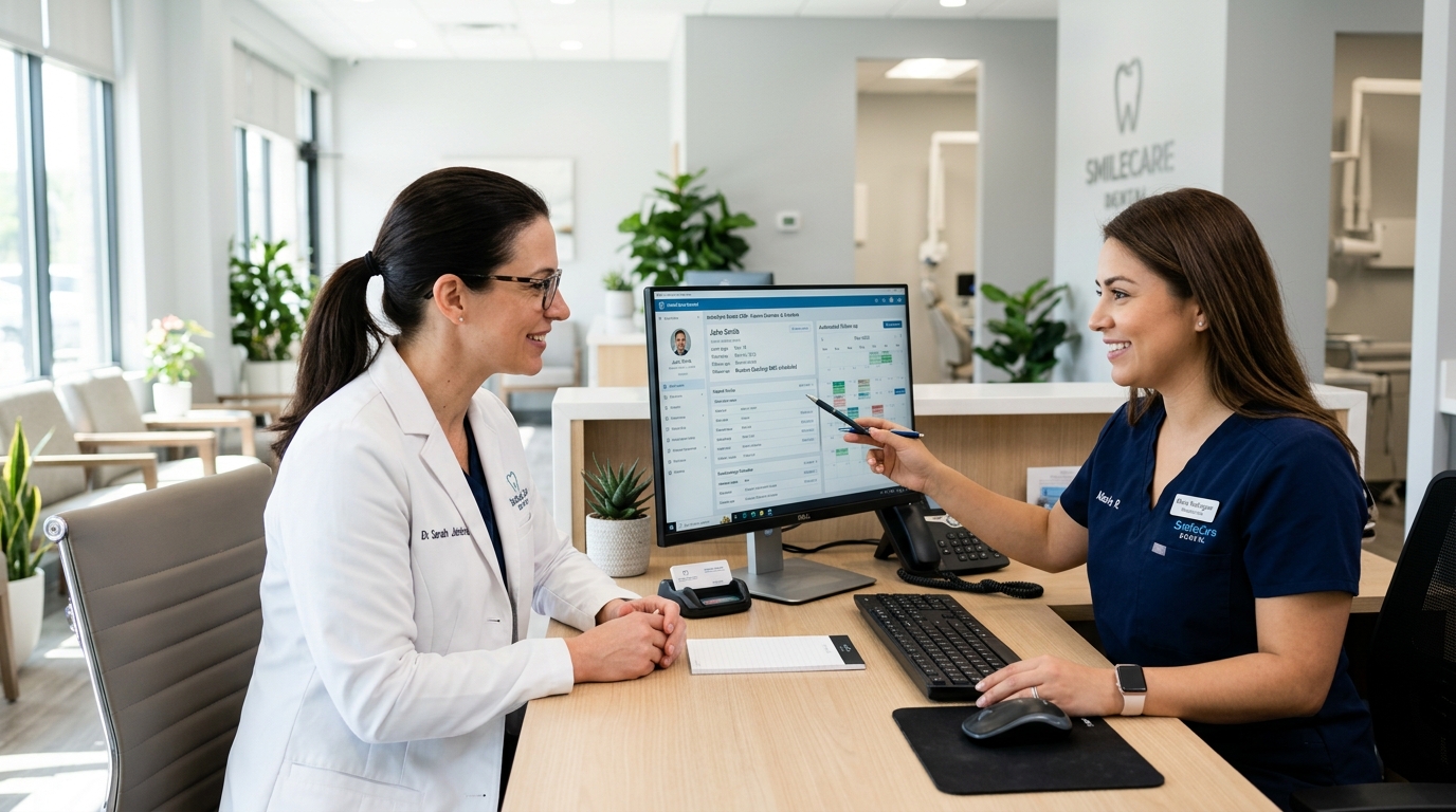 crm for dentists - dental receptionist and dentist reviewing patient CRM records at front desk