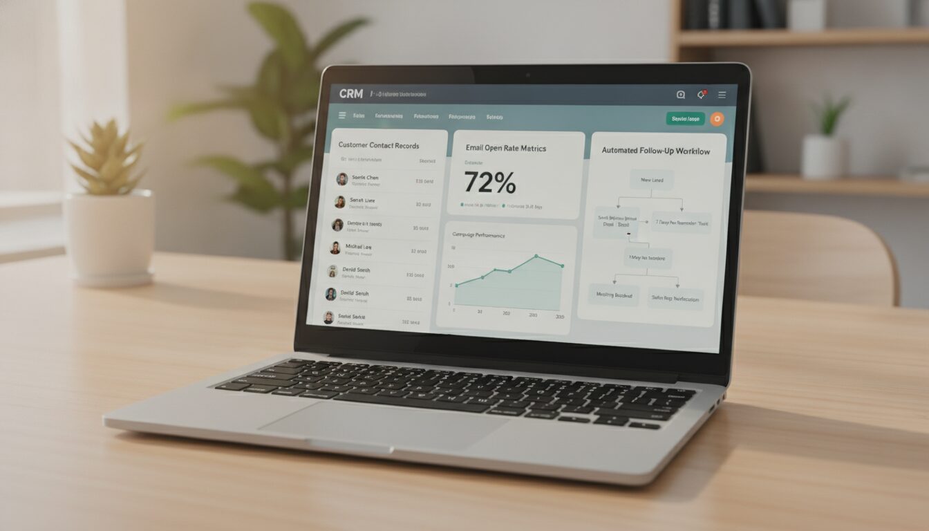 Local business email marketing CRM dashboard showing customer email list, open rate metrics, and automated follow-up workflows