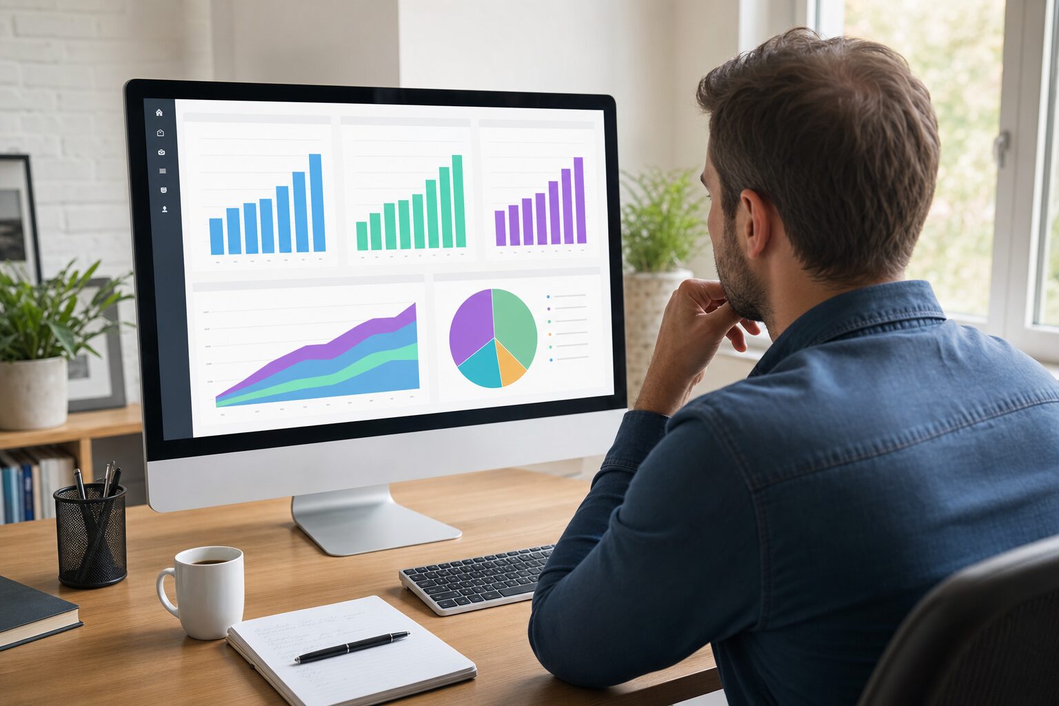Small business owner reviewing automated marketing campaign performance analytics and ROI data