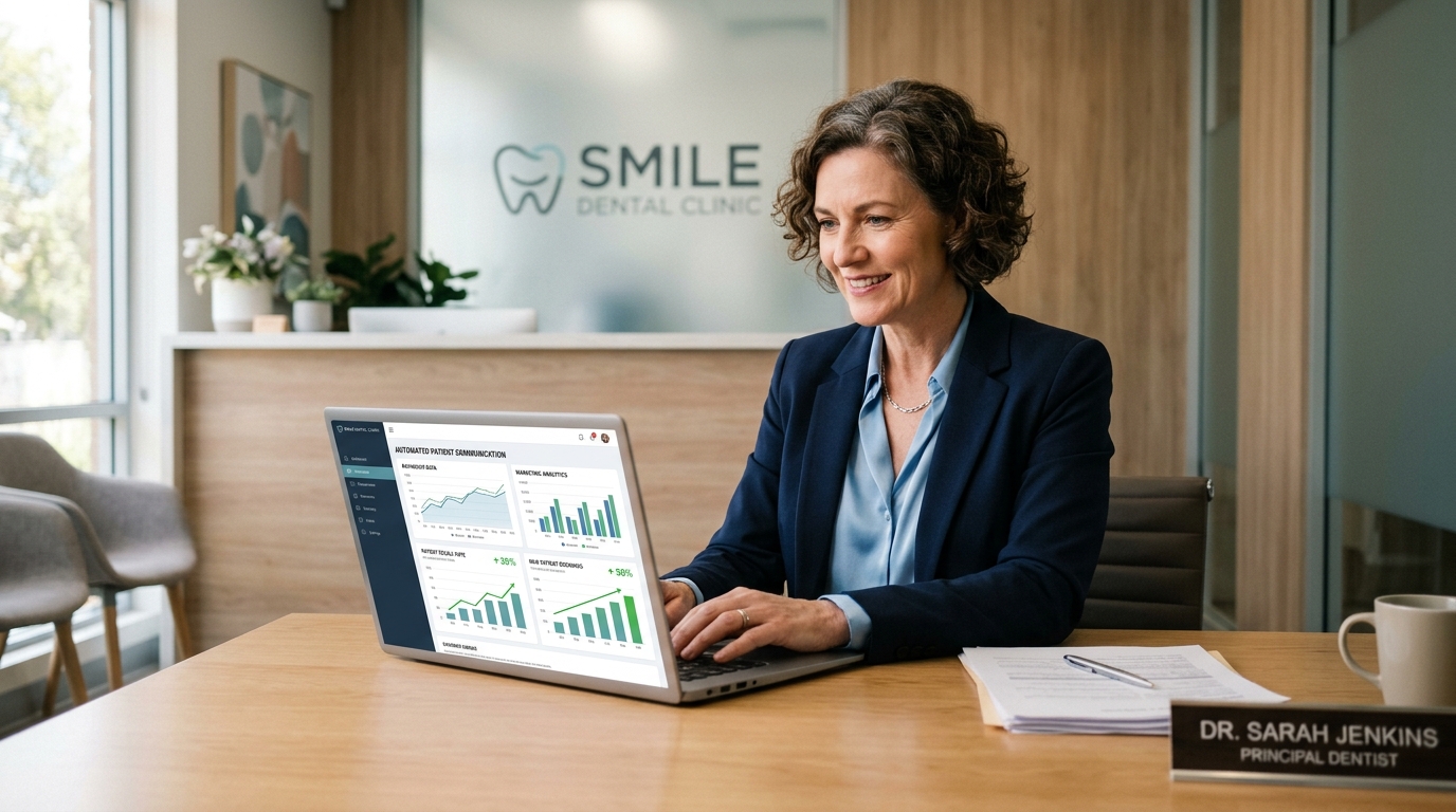 crm for dentists - dental practice owner reviewing automated patient communication and marketing analytics