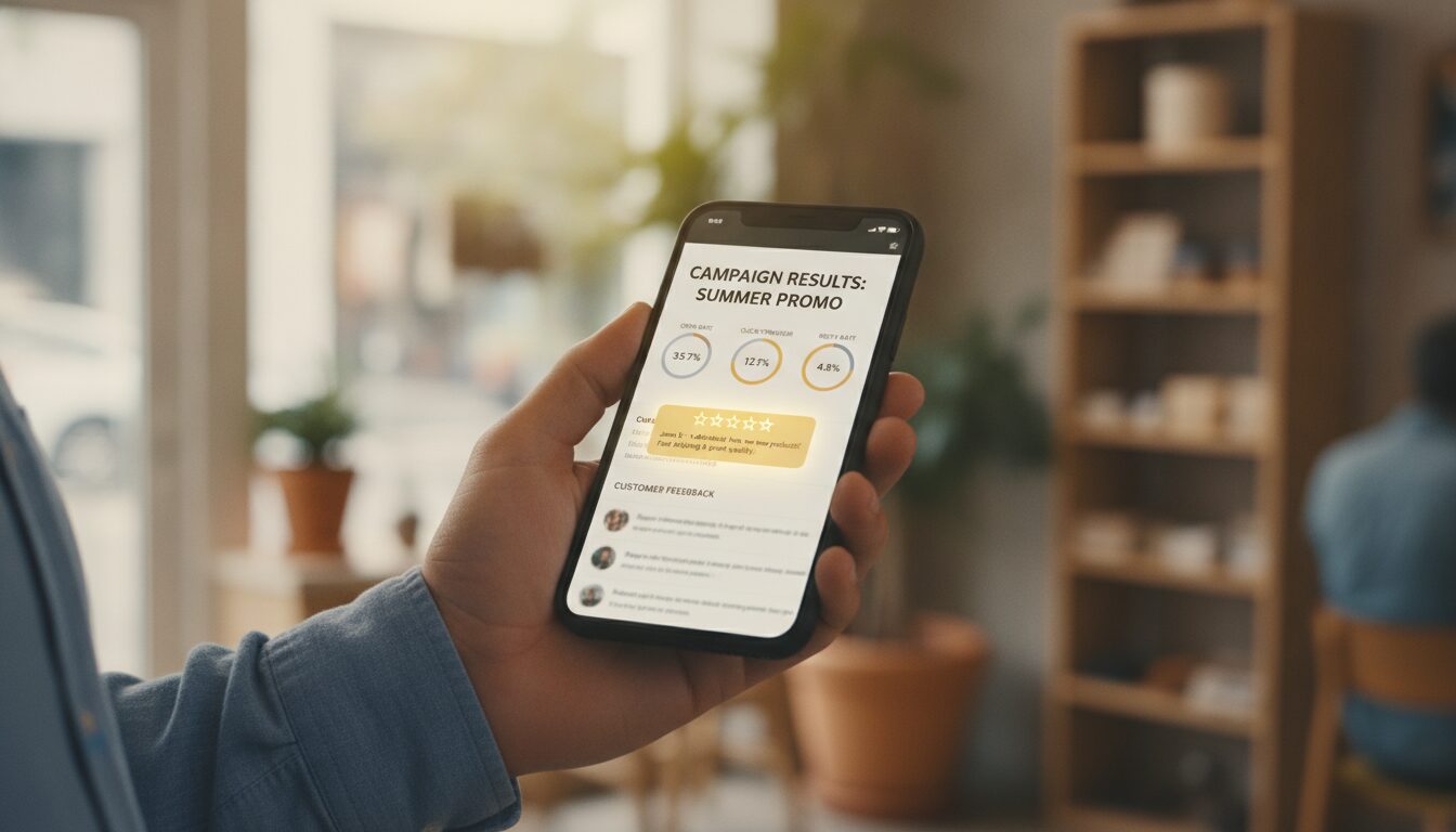 Business owner using email marketing campaign results on smartphone showing customer replies and review notifications