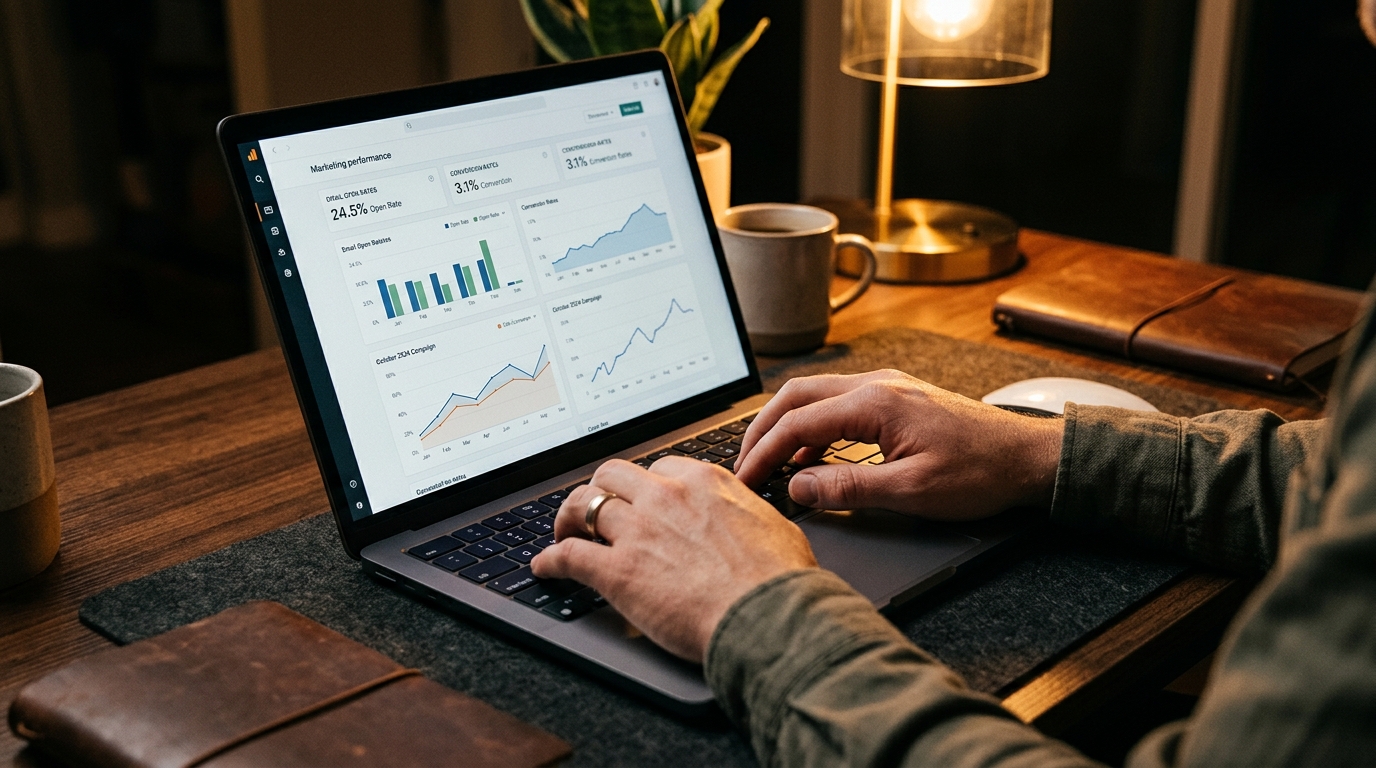 business owner tracking marketing strategy metrics on a laptop dashboard in home office