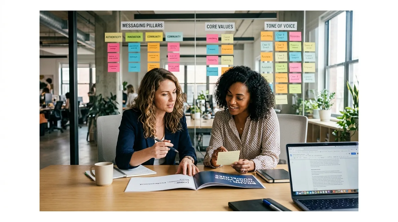 brand messaging examples - team collaborating on brand voice strategy