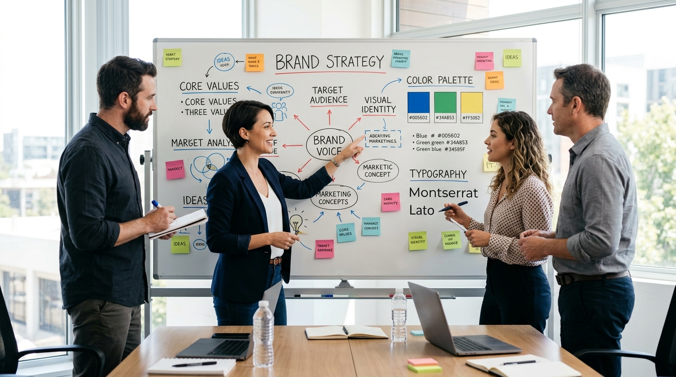 small business team collaborating on brand strategy what is branding