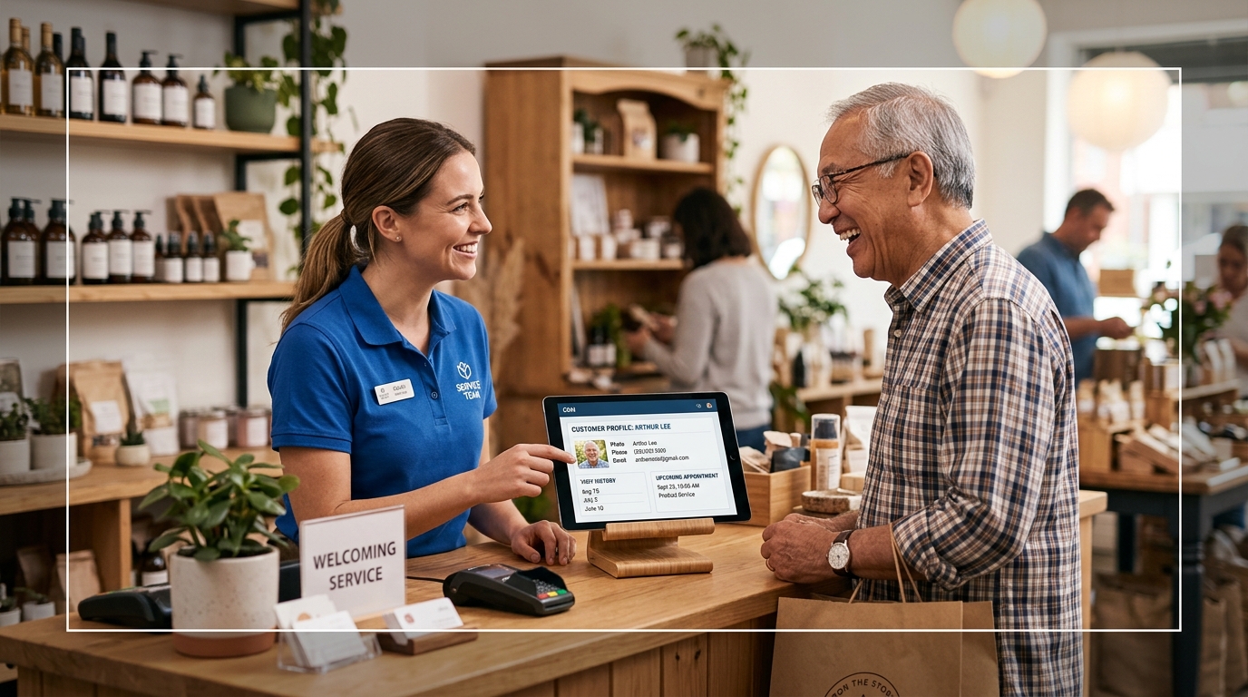 Customer experience management software in action — service business team member helping a customer with CRM data on a tablet