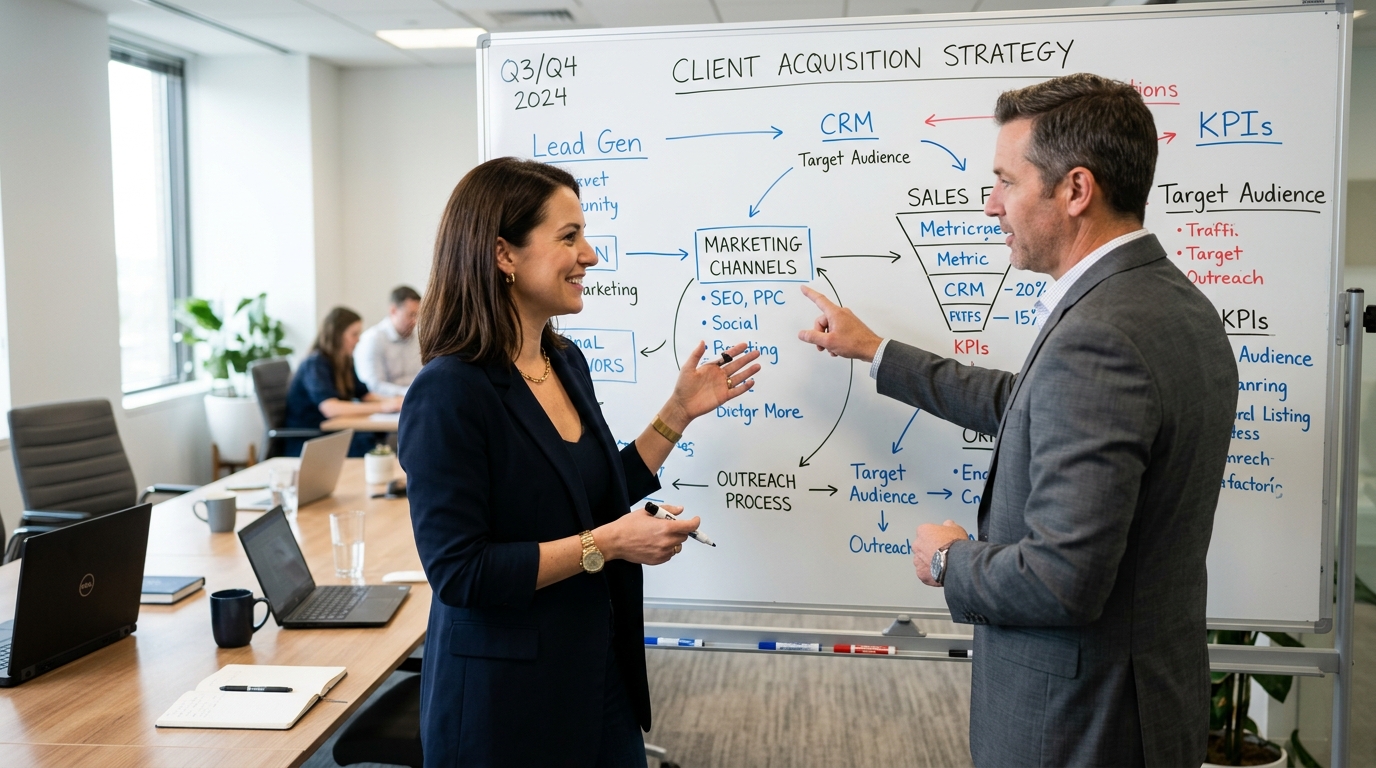 business owners reviewing client acquisition strategies on a whiteboard in a professional meeting