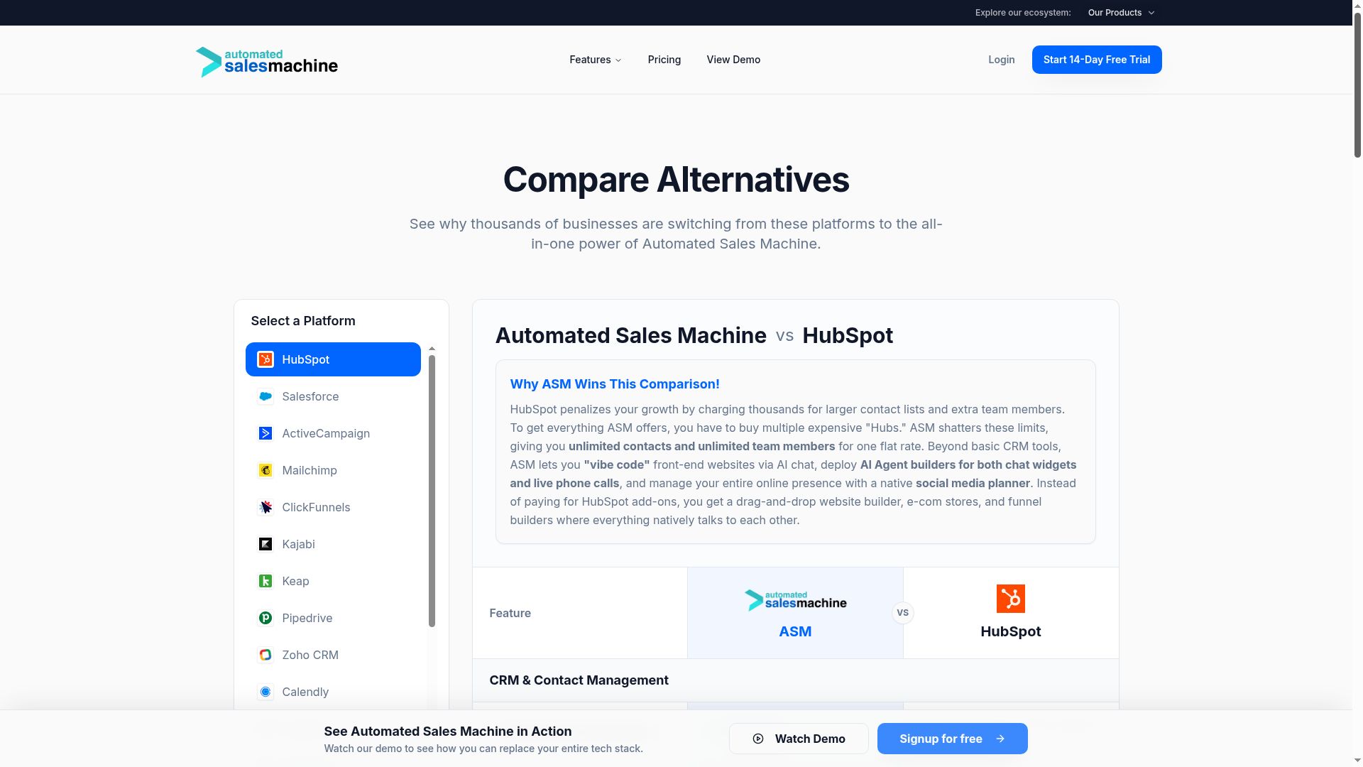 ASM vs HubSpot comparison page SEO — thin content before AI-powered rewrite