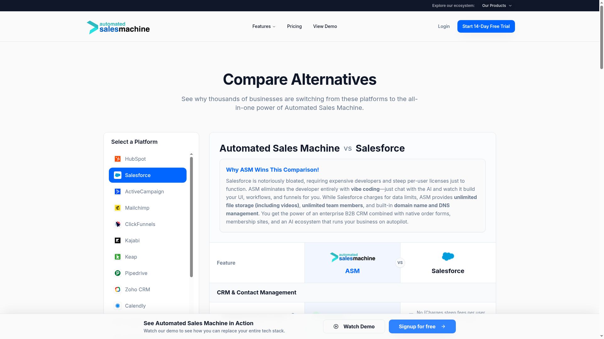 ASM vs Salesforce comparison page SEO — one of 20 pages rewritten with AI optimization