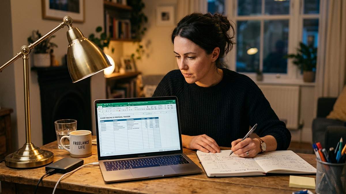 Consultant reviewing consulting rates pricing spreadsheet on laptop