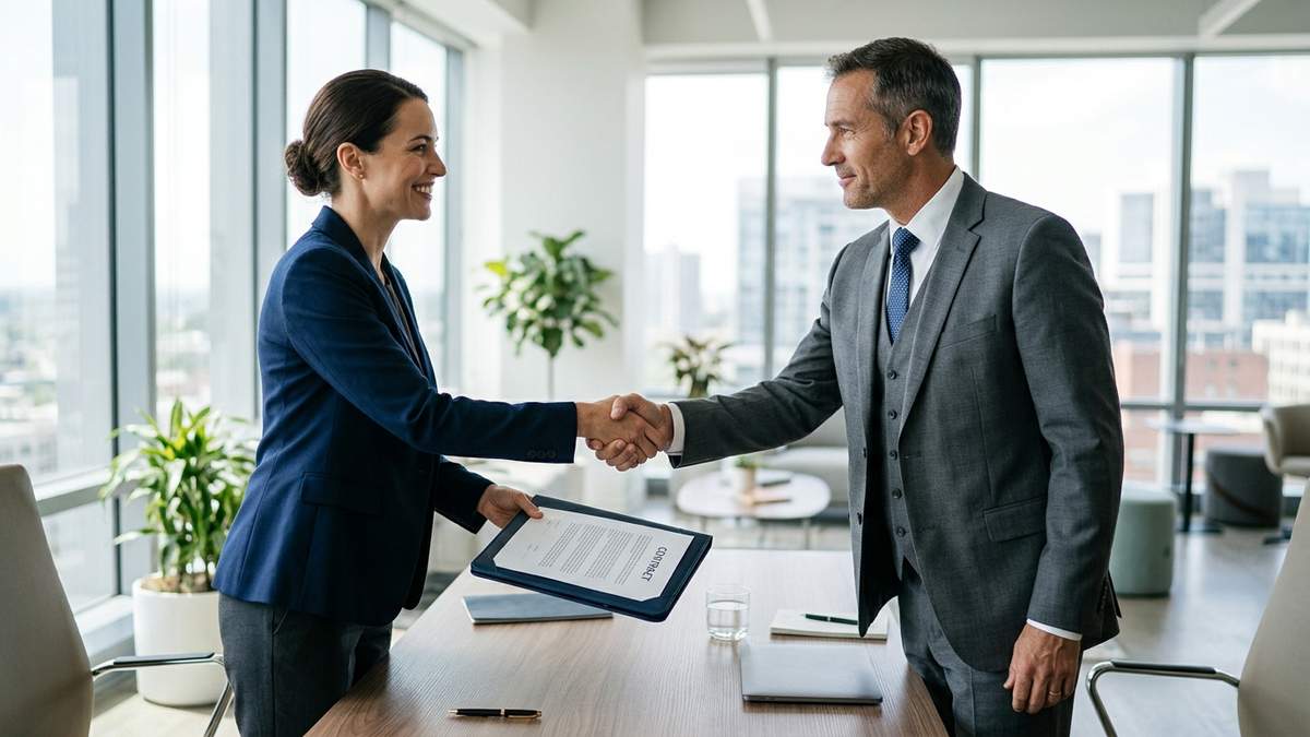 Consultants agreeing on consulting rates with handshake in professional office